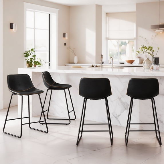 Carolayne 24" Bar Stools Set of 4, Counter Height Stools with Back for Kitchen Island and Dining Room, Faux Leather, Black