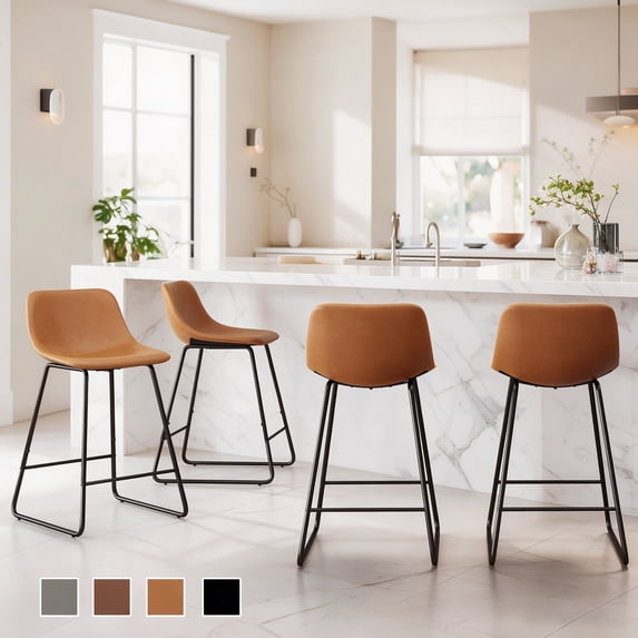 Carolayne 24" Bar Stools Set of 4, Counter Height Stools with Back for Kitchen Island and Dining Room, Faux Leather, Whisky Brown