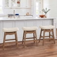 thumbnail image 1 of Carolayne 24 Inch Counter Height Bar Stools Set of 3, Upholstered PU Leather Saddle Seat with Solid Rubber Wood Legs for Kitchen Island, Ivory White, 1 of 7