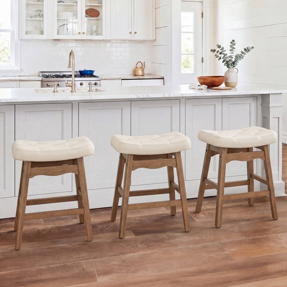 Carolayne 24 Inch Counter Height Bar Stools Set of 3, Upholstered PU Leather Saddle Seat with Solid Rubber Wood Legs for Kitchen Island, Ivory White