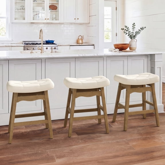 Carolayne 24 Inch Counter Height Bar Stools Set of 3, Upholstered Saddle Seat with Solid Rubber Wood Legs for Kitchen Island, Cream Linen