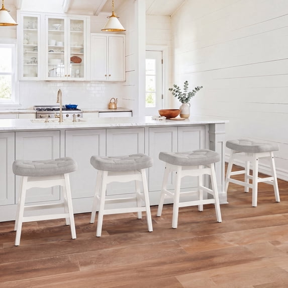 Carolayne 24 Inch Counter Height Bar Stools Set of 4, Upholstered Saddle Seat with Solid Rubber Wood Legs for Kitchen Island, Light Grey Linen