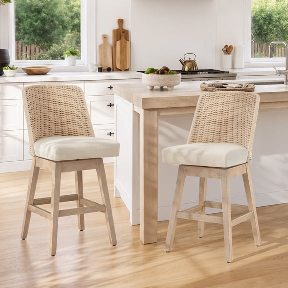 Carolayne 26.7 Inch Counter Height Bar Stools Set of 2, Upholstered Rattan Bar Stools with Linen Seat and Solid Wood Frame, Swivel Kitchen Island Chairs