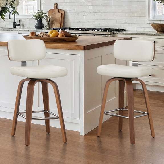 Carolayne Counter Height Bar Stools Set of 2, Swivel Bar Stools with Back and Footrest, PU Leather Upholstered Kitchen Island Chairs with Bentwood Legs for Dining Room, Bar and Home, White