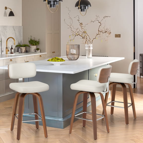 Carolayne 26“H Bar Stools Set of 3 for Kitchen Counter, Swivel Bentwood Barstools, Modern PU Leather Upholstered Bar Chair with Back and Footrest, for Bar, Kitchen, Dining Room, White