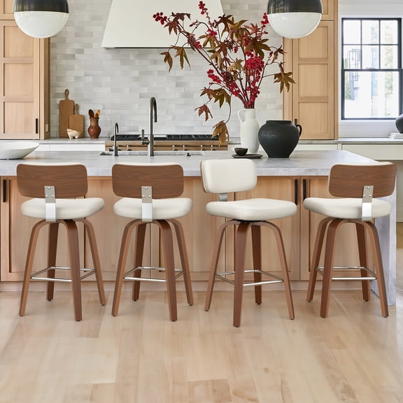 Carolayne Counter Height Bar Stools Set of 4, Swivel Bar Stools with Back and Footrest, PU Leather Upholstered Kitchen Island Chairs with Bentwood Legs for Dining Room, Bar and Home, White