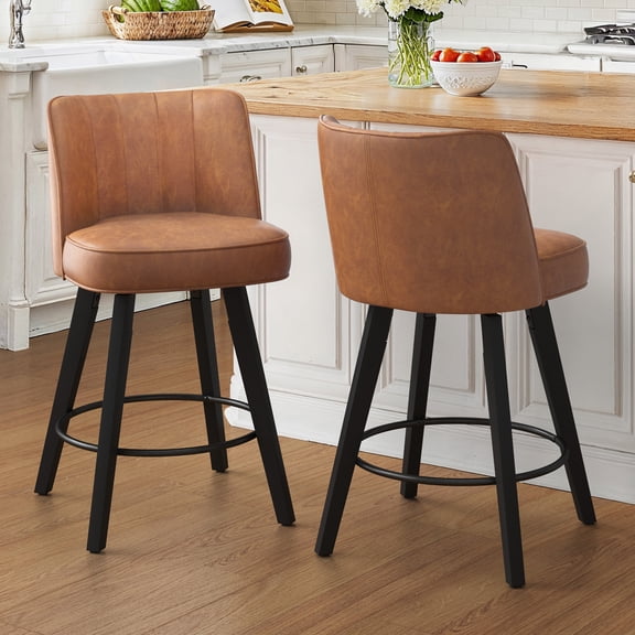 Carolayne 26"H Modern Bar Stools Set of 2, Swivel PU Leather Upholstered Bar Stools, Counter Height Barstool Chairs with Back for Kitchen Island, Brown