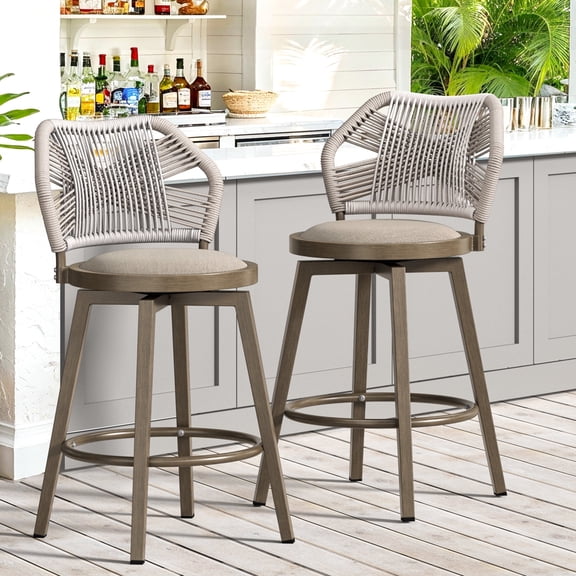 Carolayne 26'' Outdoor Bar Stools Set of 2, Swivel Counter Height Stools with Woven Backrest & Footrest, Beige