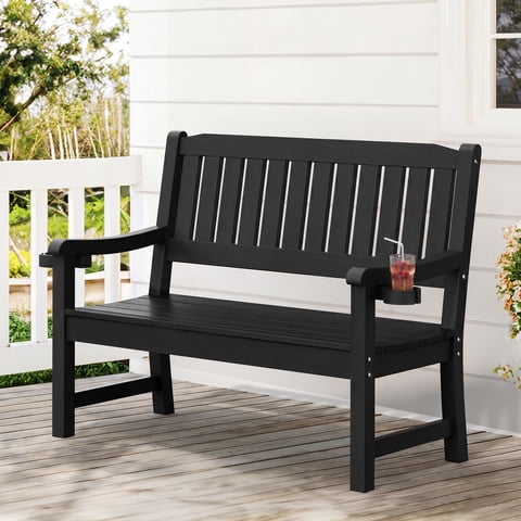 Carolayne 47" HDPS Outdoor Seating Bench, Armrest Garden Chair for Backyard & Porch, Black