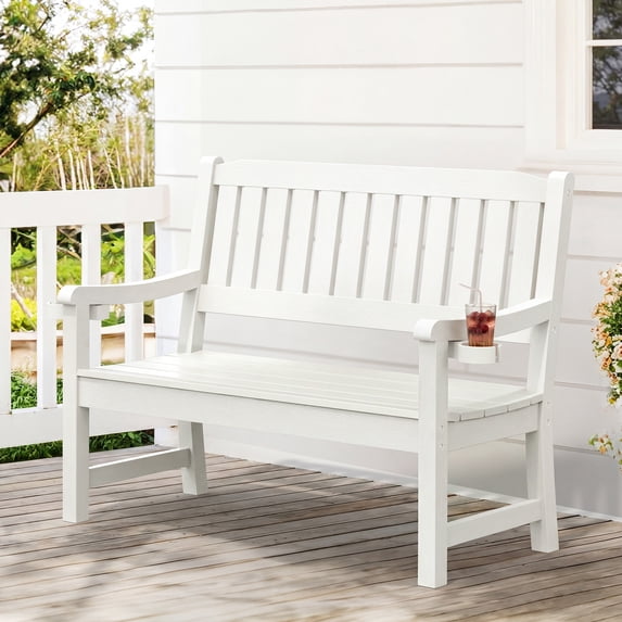 Carolayne 47" HDPS Outdoor Seating Bench, Armrest Garden Chair for Backyard & Porch, White