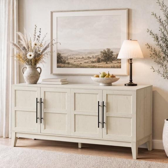 Carolayne 60-Inch Sideboard Buffet Cabinet, Modern Storage Console Table with 4 Doors For Dining Room Living Room, White