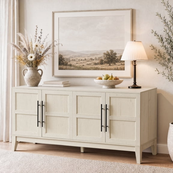 Carolayne 60-Inch Sideboard Buffet Cabinet, Modern Storage Console Table with 4 Doors For Dining Room Living Room, White