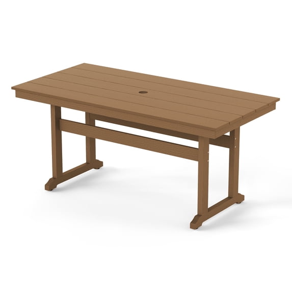 Carolayne 66'' Outdoor Dining Table with Umbrella Hole, Weather Resistant HDPS Rectangle Patio Table, Brown