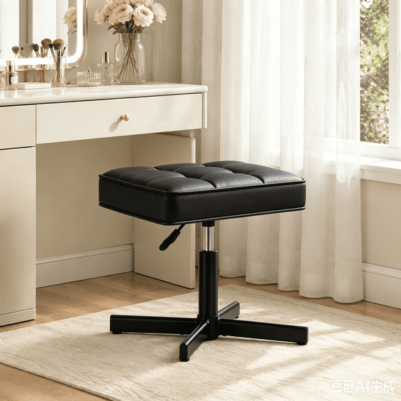 Carolayne 15-19.5'' Adjustable Vanity Stool, 360° Swivel Upholstered Ottoman Stool for Makeup Room, Living Room, Black