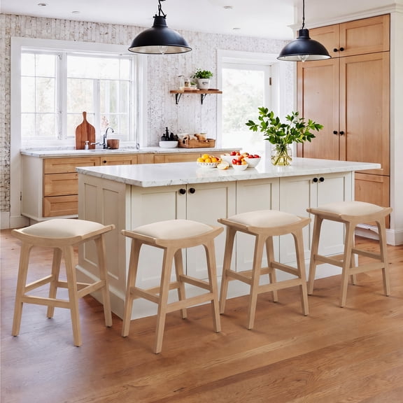 Carolayne Backless Bar Stools Set of 4, Wooden Legs and Breathable Fabric, Oat White