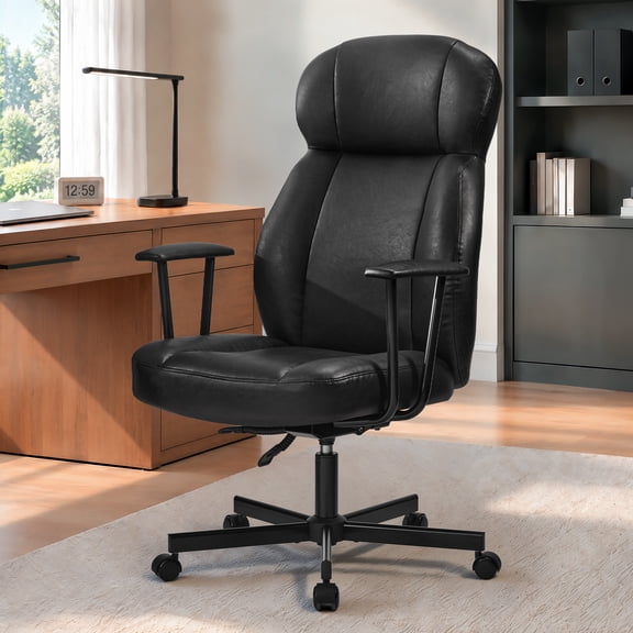 Carolayne Ergonomic Office Chair, High Back PU Leather Reclining Chair with Lumbar Support, Black