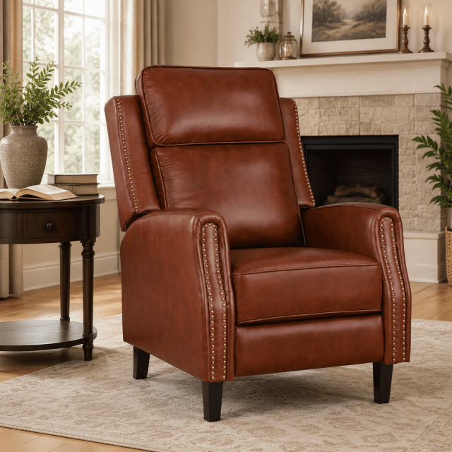 Carolayne Genuine Leather Recliner Chair, Manual Push Back Lounge Chair ...