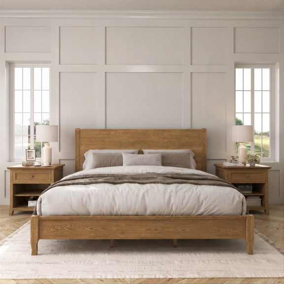 Carolayne King Bed Frame with Headboard Oak Grain Platform, Non-Slip & Without Noise, Dark Wood