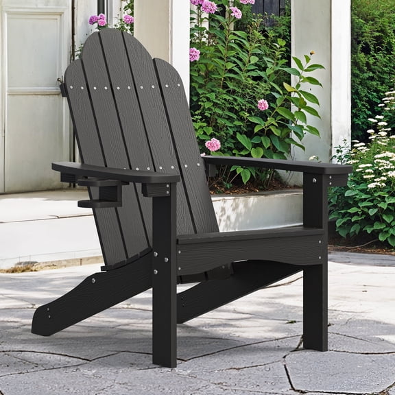 Carolayne Outdoor Adirondack Chair with Cup Holder, Weather Resistant Heavy Duty Patio Chair, Black