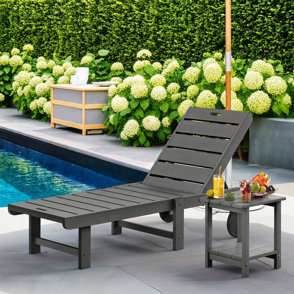 Carolayne Outdoor Reclining Chaise Set with Table, 2-Pcs Lounge Chairs with Adjustable Back and Wheels, Dark Gray