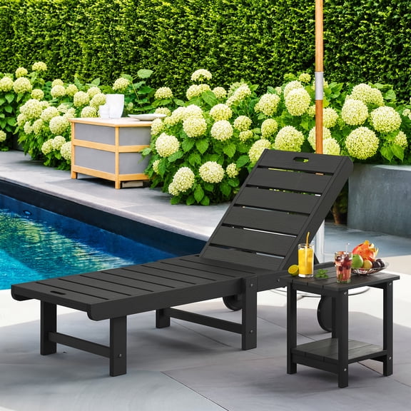 Carolayne Outdoor Reclining Chaise Set with Table, 2-Pcs Lounge Chairs with Adjustable Back and Wheels, Black