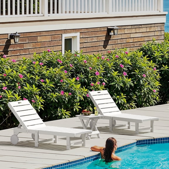 Carolayne Outdoor Reclining Chaise Set with Table, 3-Pcs Lounge Chairs with Adjustable Back and Wheels, White