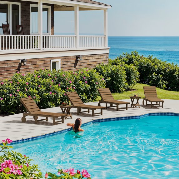 Carolayne Outdoor Reclining Chaise Set with Table, 6-Pcs Lounge Chairs with Adjustable Back and Wheels, Brown