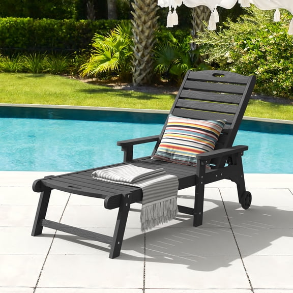 Carolayne Outdoor Resin Chaise Lounge, Adjustable Backrest with Wheels for Patio and Pool, Black