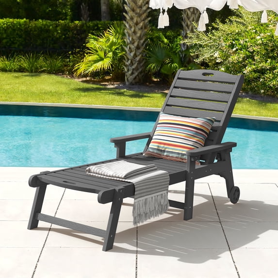 Carolayne Outdoor Resin Chaise Lounge, Adjustable Backrest with Wheels for Patio and Pool, Dark Gray