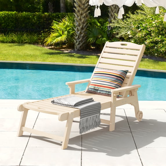Carolayne Outdoor Resin Chaise Lounge, Adjustable Backrest with Wheels for Patio and Pool, Sand