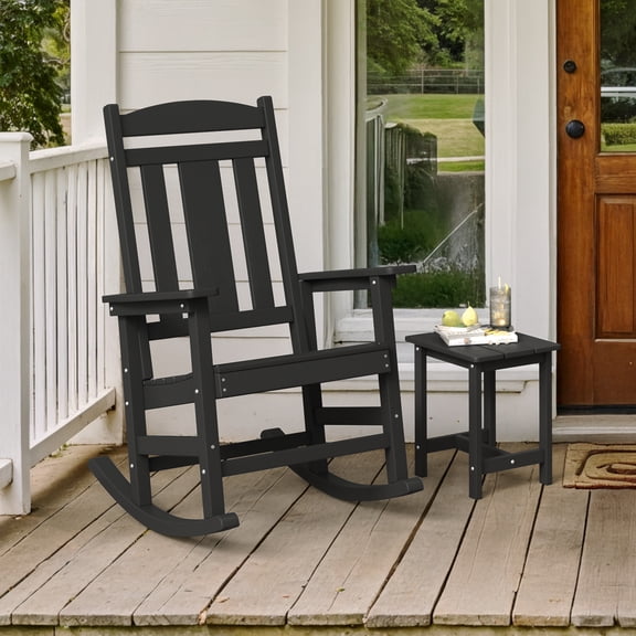 Carolayne Outdoor Rocking Chair and Table Set, Heavy Duty Weather Resistant Patio Rocker for Adult, Black