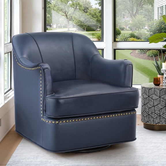 Carolayne Leather Accent Chair, 360°Swivel Accent Chair, Modern Barrel Accent Armchair Waterproof for Living Room, Blue