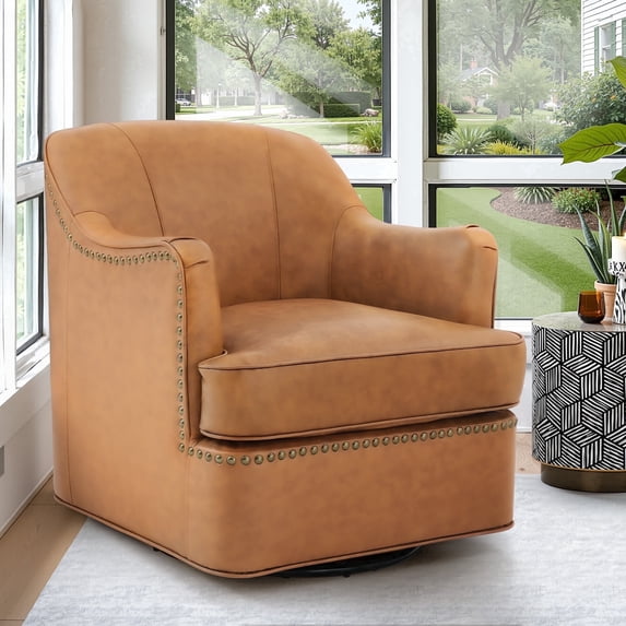 Carolayne Leather Accent Chair, 360°Swivel Accent Chair, Modern Barrel Accent Armchair Waterproof for Living Room, Brown