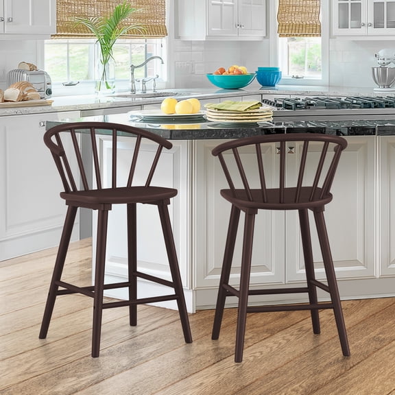 Carolayne 24'' Counter Height Bar Stools Set of 2, Wooden Bar Stools with Backrest for Kitchen Island, Dark Brown-Curved Backrest