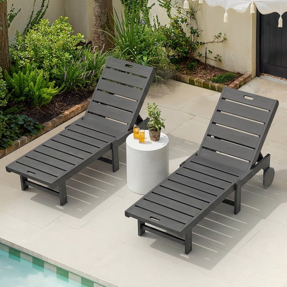 Carolayne Set of 2 Outdoor Chaise Lounge Chairs, Adjustable Backrest with Wheels for Patio & Pool, Dark Gray