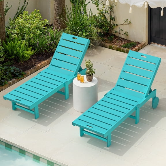 Carolayne Set of 2 Outdoor Chaise Lounge Chairs, Adjustable Backrest with Wheels for Patio & Pool, Aruba Blue