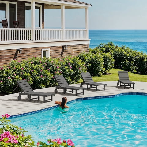 Carolayne Set of 4 Outdoor Chaise Lounge Chairs, Adjustable Backrest with Wheels for Patio & Pool, Dark Gray
