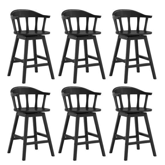 Carolayne Set of 6 Wooden Swivel Bar Stools, Windsor Counter Height Chairs with Semi-Circular Backrest for Kitchen Island, Black