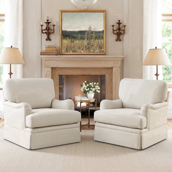 Carolayne 360°Swivel Armchair Set of 2, Upholstered Chenille Chair with Plump Back Pillow for Living Room, Cozy Small Spaces Sofa Chair Bedroom Seat, Linen Beige Color