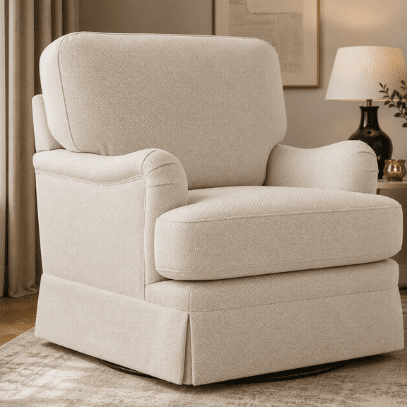 Carolayne 360°Swivel Armchair, Upholstered Chenille Accent Chair with Skirted Base for Living Room, Cozy Small Spaces Sofa Chair Bedroom Seat, Linen Beige Color