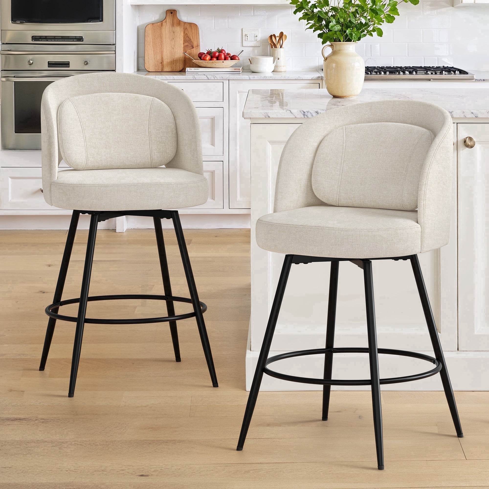 Carolayne 26.5" Swivel Bar Stools Set of 2, Modern Fabric Counter Height Bar stools with Back & Removable Cushion for Kitchen Island, Linen Color