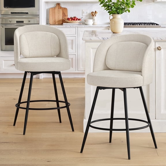 Carolayne 26" Swivel Bar Stools Set of 2, Modern Fabric Dining Chair, Counter Height Barstool with Removable Cushion for Kitchen Island, Linen Color