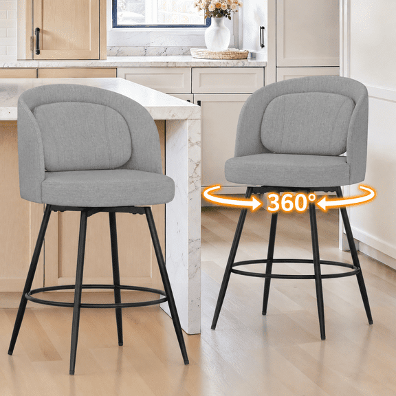 Carolayne 26.5" Swivel Bar Stools Set of 2, Modern Fabric Counter Height Bar stools with Back & Removable Cushion for Kitchen Island, Linen Grey