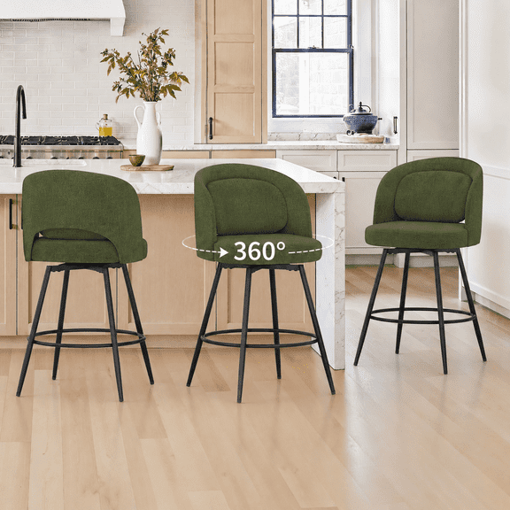Carolayne 26.5" Swivel Bar Stools Set of 3, Modern Fabric Counter Height Bar stools with Back & Removable Cushion for Kitchen Island, Green
