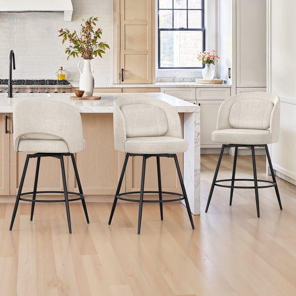 Carolayne Swivel Counter Height Bar Stools, 26" Set of 3 Modern Kitchen Island Stools with Back, Linen Color