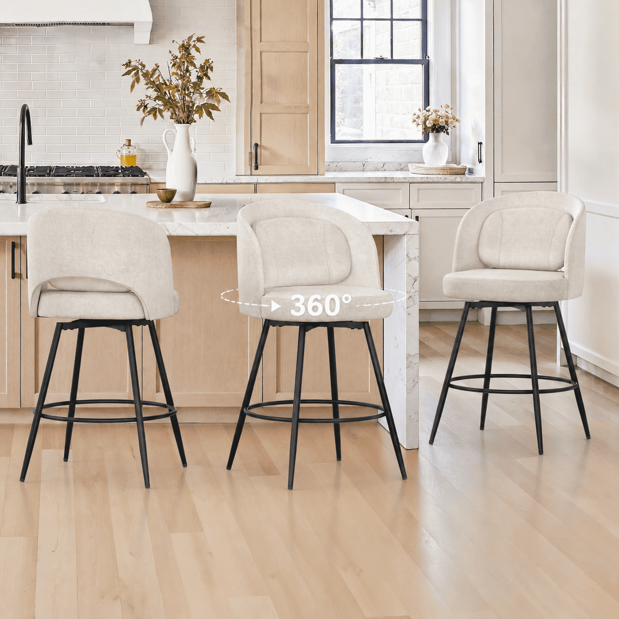 Carolayne 26.5" Swivel Bar Stools Set of 3, Modern Fabric Counter Height Bar stools with Back & Removable Cushion for Kitchen Island, Linen Color