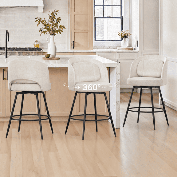 Carolayne 26.5" Swivel Bar Stools Set of 3, Modern Fabric Counter Height Bar stools with Back & Removable Cushion for Kitchen Island, Linen Color