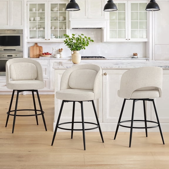 Carolayne 26.5" Swivel Bar Stools Set of 3, Modern Fabric Counter Height Bar stools with Back & Removable Cushion for Kitchen Island, Linen Color