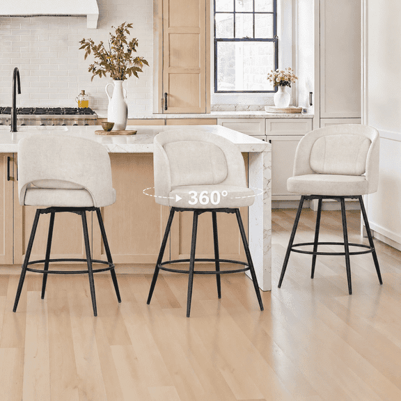 Carolayne 26.5" Swivel Bar Stools Set of 3, Modern Fabric Counter Height Bar stools with Back & Removable Cushion for Kitchen Island, Linen Color