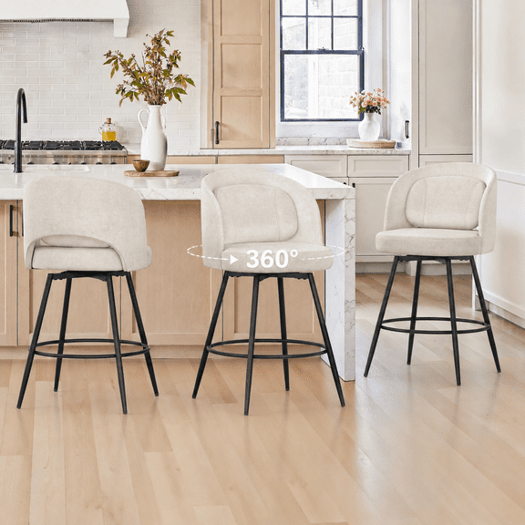 Carolayne 26" Swivel Bar Stools Set of 3, Modern Fabric Counter Height Bar stools with Back & Removable Cushion for Kitchen Island, Linen Color
